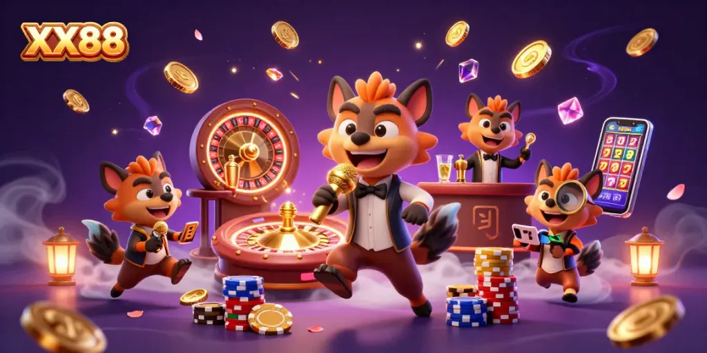 Engage with XX88's vibrant casino experience showcasing hyenas in a comedy club scene.