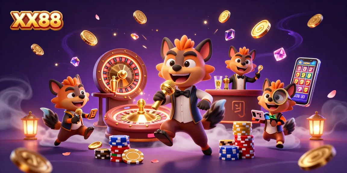 Engage with XX88's vibrant casino experience showcasing hyenas in a comedy club scene.