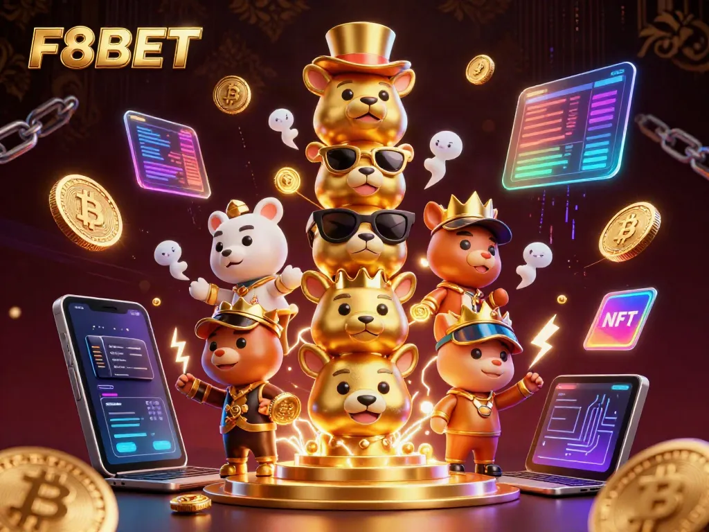 Engage with F8BET's vibrant gaming universe through this dynamic 3D illustration showcasing a colorful casino atmosphere.