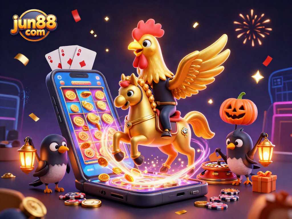 Win big with jun88 com in a vibrant casino scene featuring a golden rooster and fun casino elements.