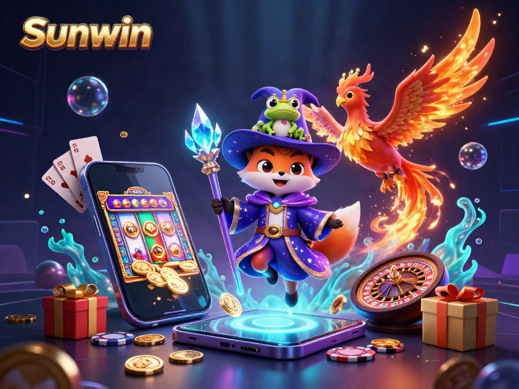 Spin to win with Sunwin, featuring a magical fox wizard with a phoenix amongst dazzling casino games.