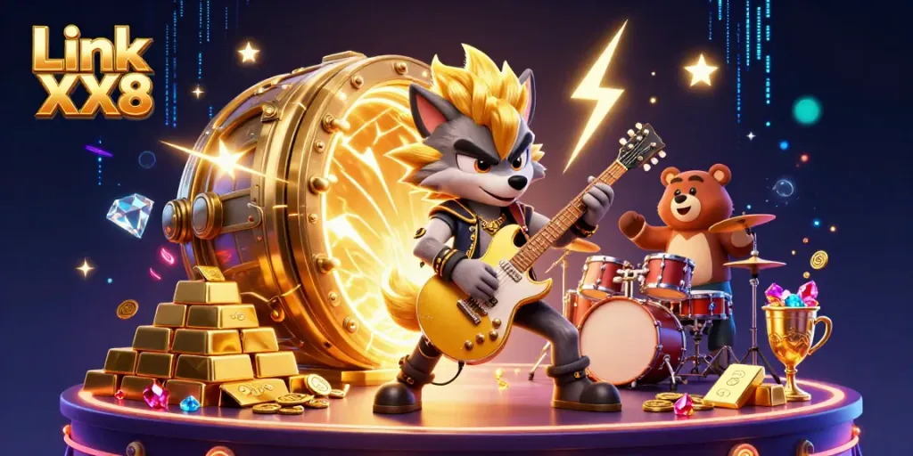 Engage with Link XX8 on a vibrant casino stage featuring a rock star wolf and drummer bear amid golden treasures.