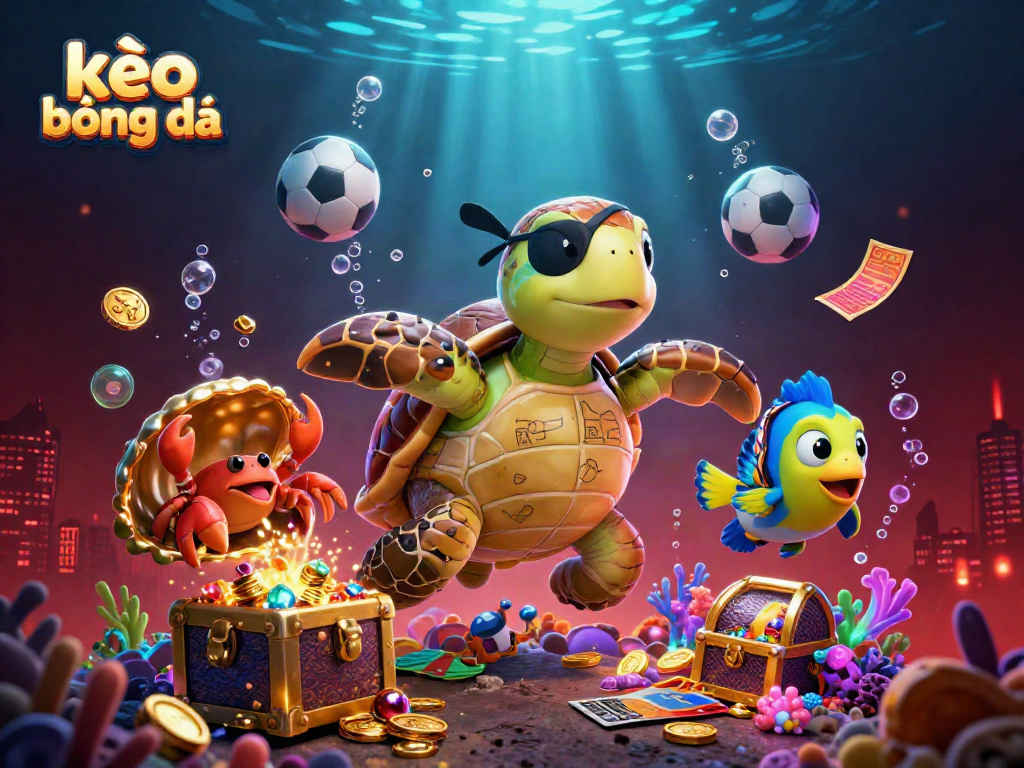 Engage with kèo bóng đá through an energetic underwater scene featuring a pirate turtle and crab with soccer elements