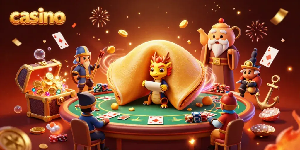 Casino scene with a giant fortune cookie, wise dragon, poker table, and golden treasures.
