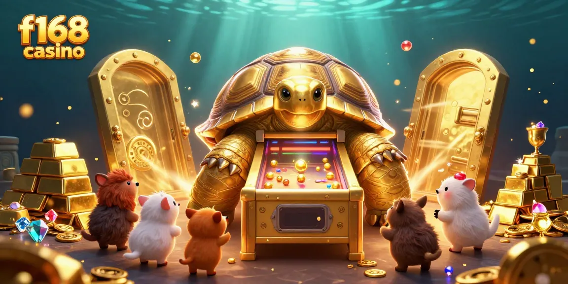 Experience the excitement of f168 casino with a vibrant 3D illustration of a golden tortoise machine and treasure.