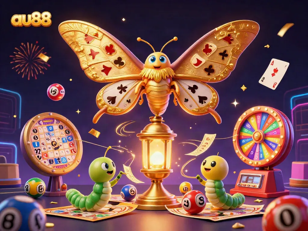 Experience vibrant gaming action with au88 as a 3D atlas moth showcases colorful casino elements.