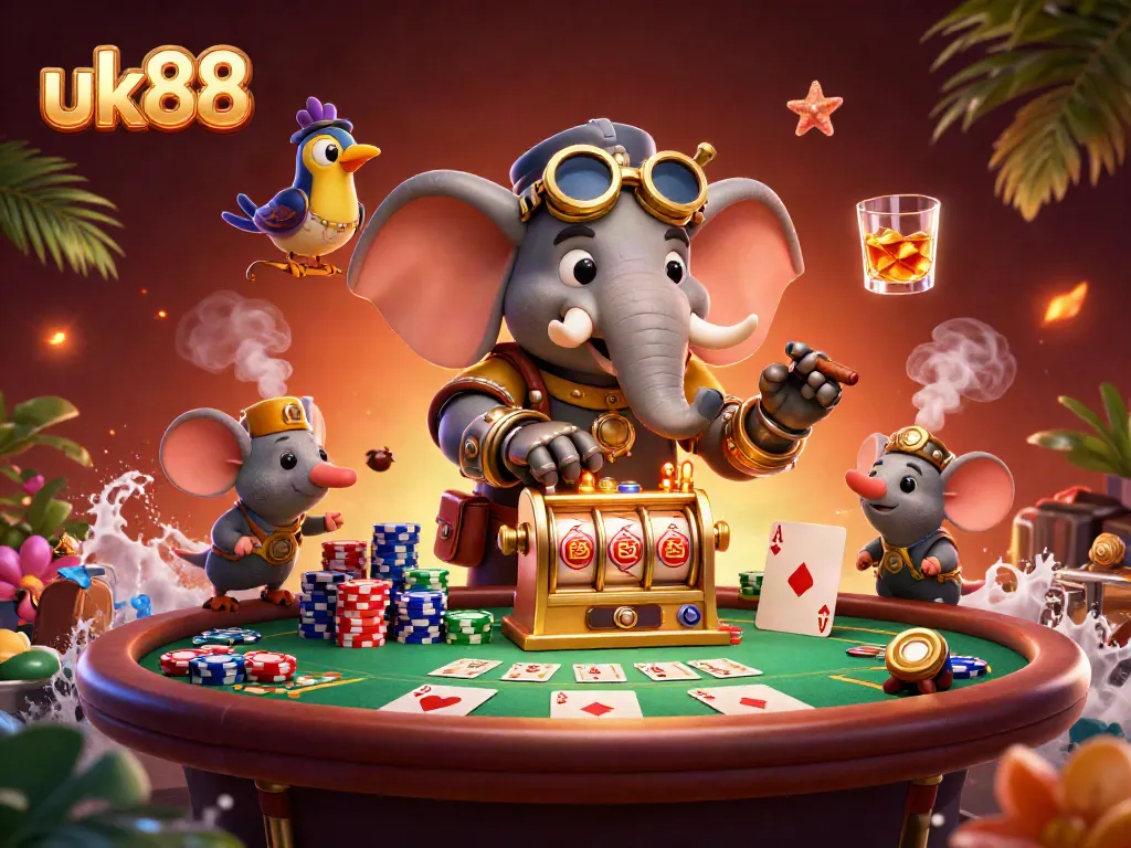Experience immense excitement at uk88 with a steampunk elephant operating a golden slot machine amidst vibrant casino elements.