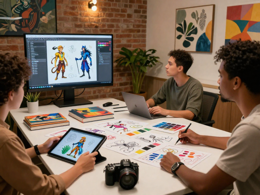 Collaboration on nsfw ai project in creative workspace with artists and digital tools
