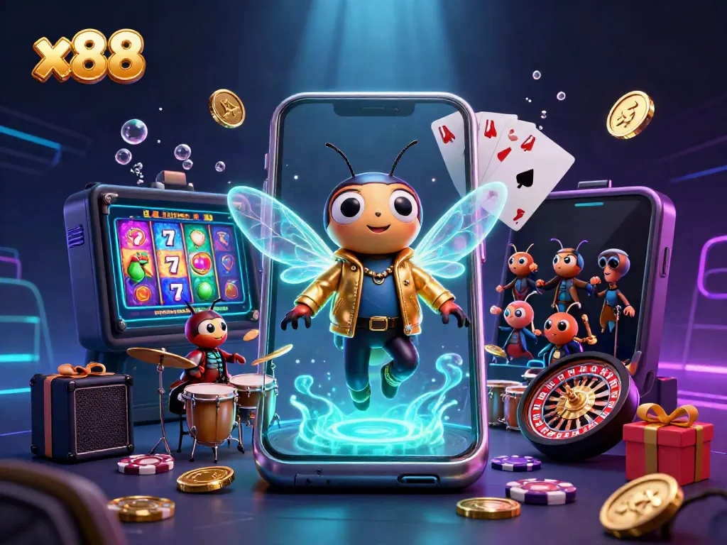 Engage with x88's vibrant casino experience featuring a rock star cicada and slot games.
