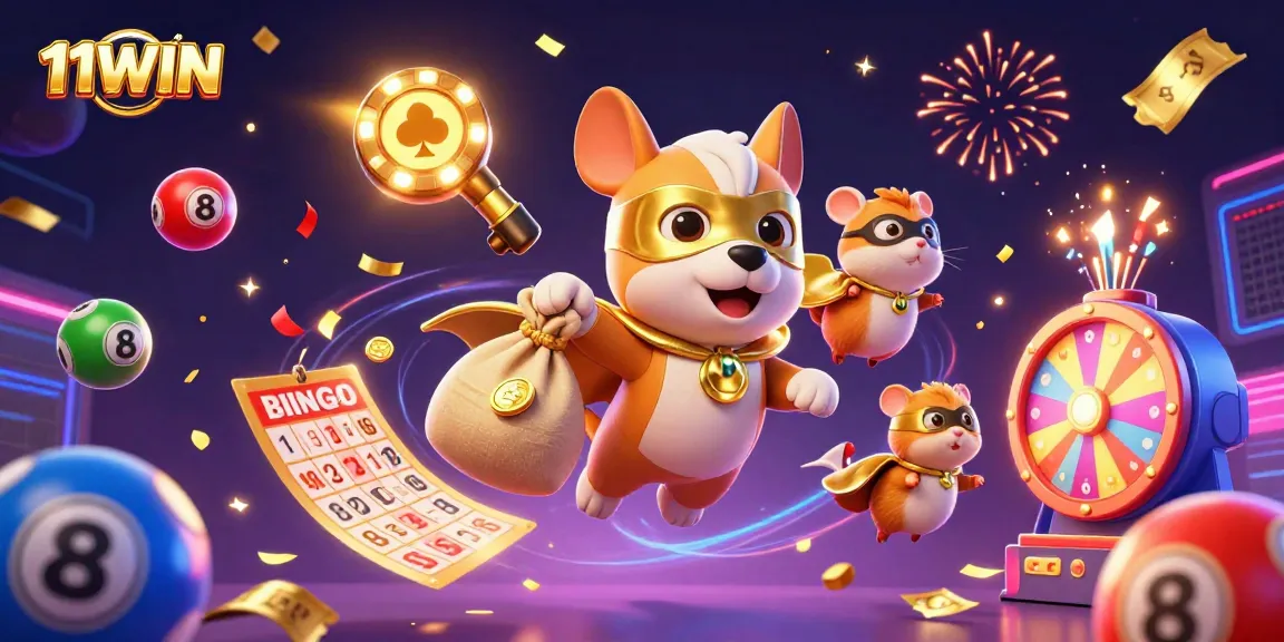 Experience excitement with the 11WIN mascot as it flies, surrounded by dynamic casino elements