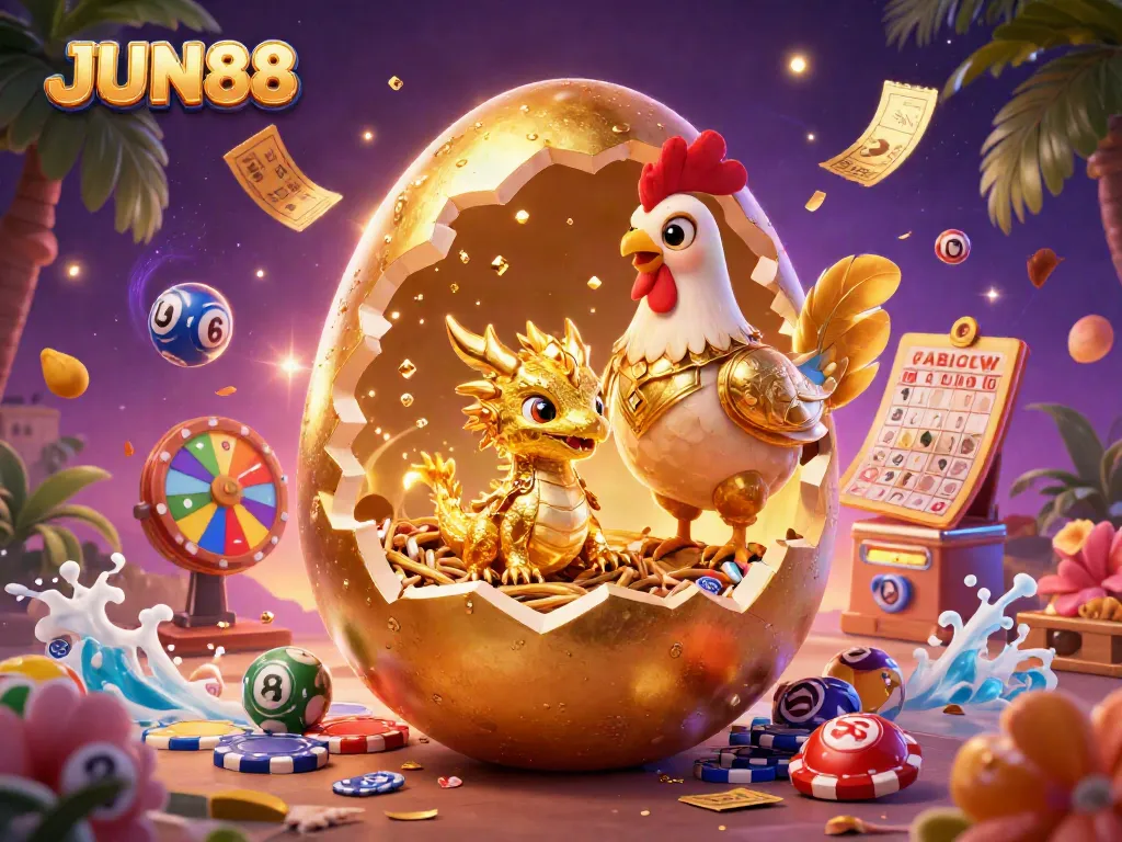 Engage in thrilling fun with JUN88's dynamic golden dragon nest scene and colorful lottery elements.