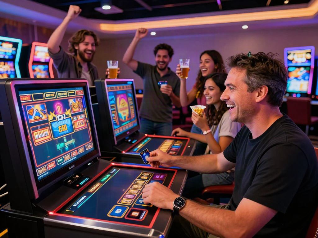 Player enjoying fun at credit card casino sites with friends cheering and dynamic games in a modern lounge.