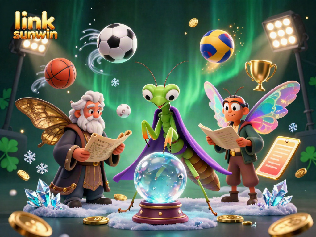 Spin the reels at link sunwin with a dynamic scene of an enchanting fortune teller and a moth librarian amid thrilling sports betting elements.
