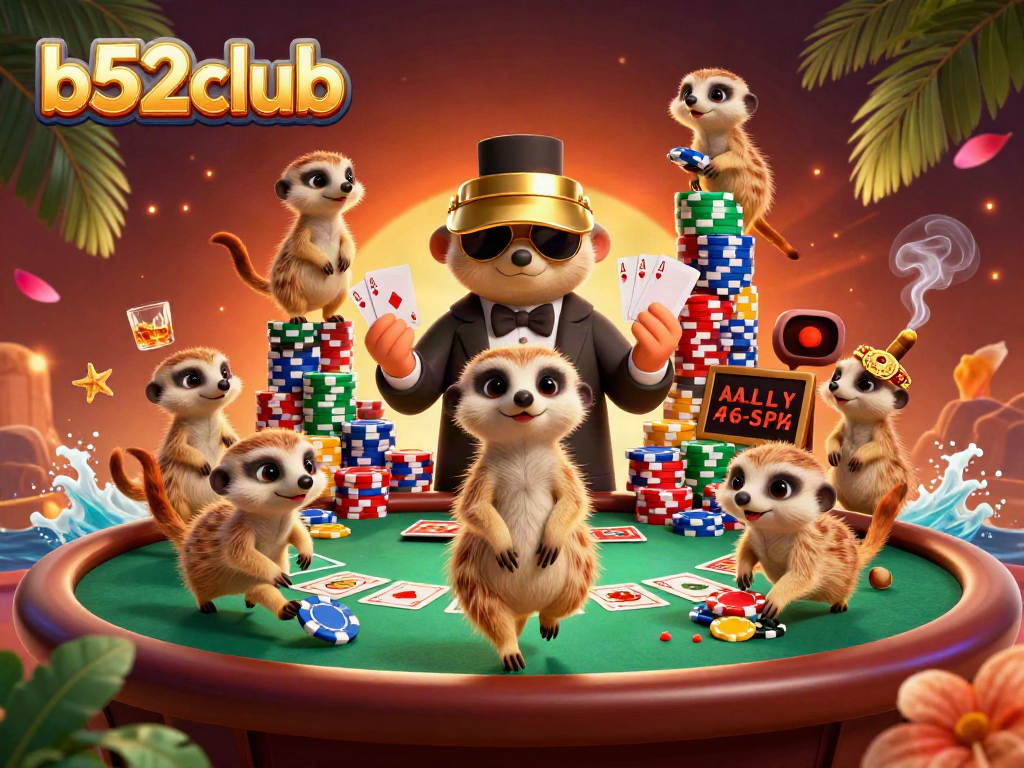 Experience the vibrant action of b52club's casino with meerkats managing an elaborate gaming scene.