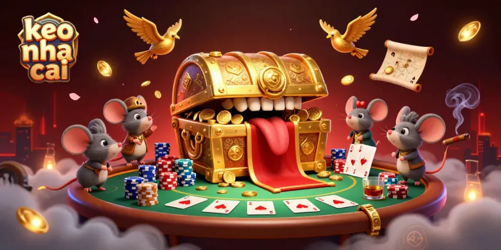 Engage with keo nha cai through a vibrant illustration of a treasure chest, poker elements, and rich gambling atmosphere.