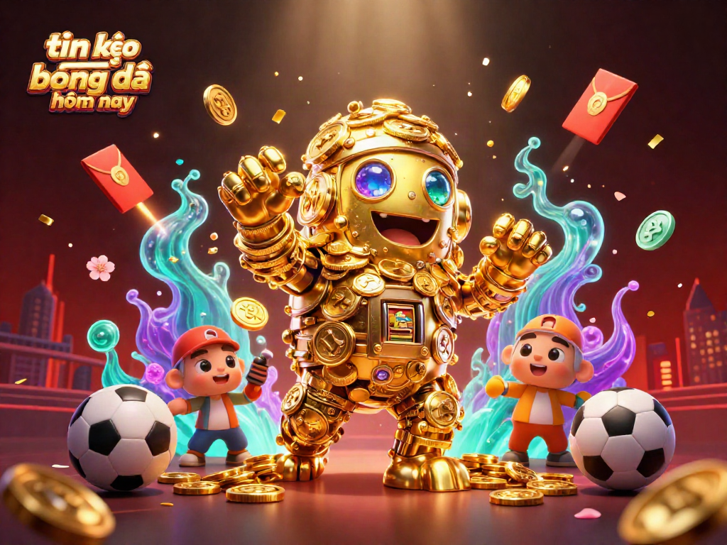 Engage with tin soi kèo bóng đá hôm nay in an action-packed illustration featuring a golden golem and sports elements.