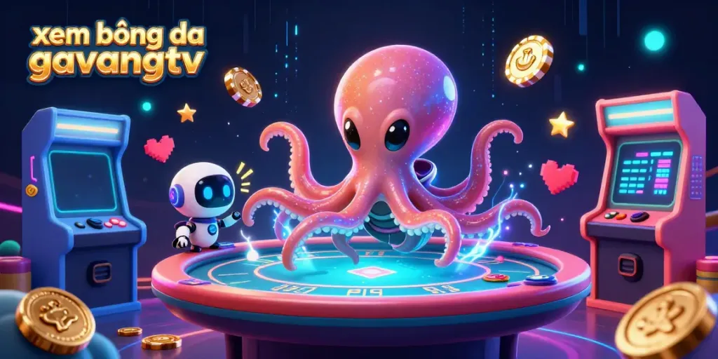 Engage in xem bóng đá gavangtv with an alien octopus at a holographic poker table surrounded by vibrant gaming elements.