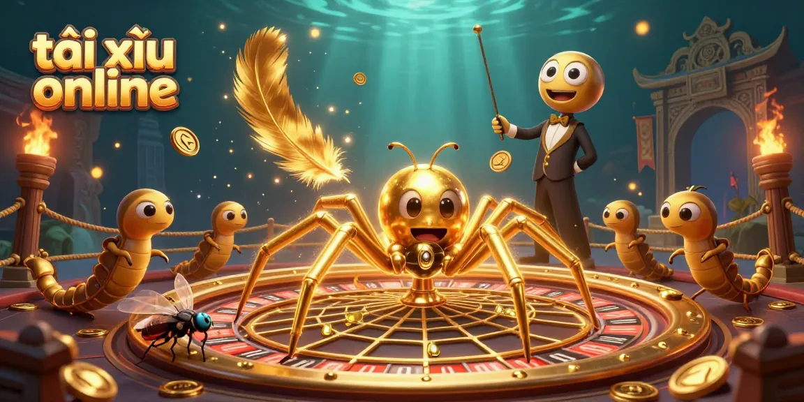 Engaging scene of a fly betting at a roulette wheel spider web, emphasizing tài xỉu online game excitement