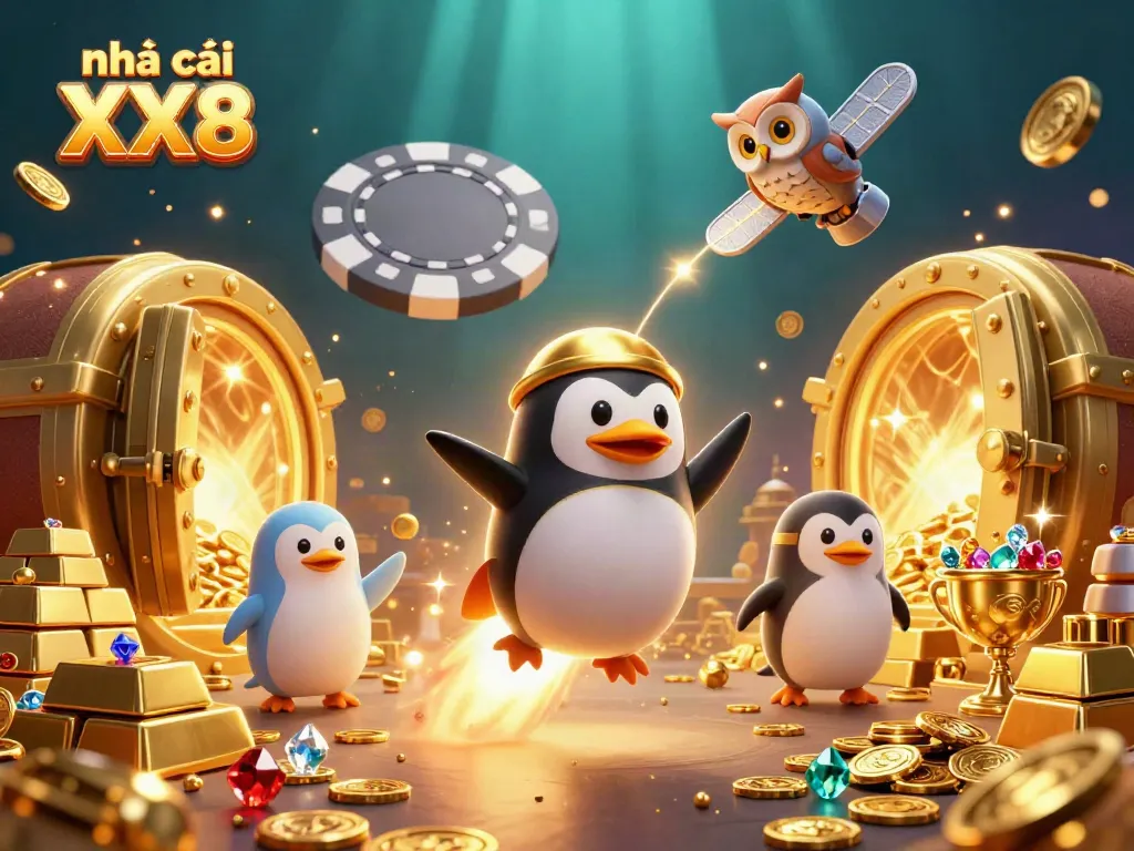 Experience exciting gaming at Nhà cái XX8 with a vibrant scene of a golden penguin and shimmering treasures.