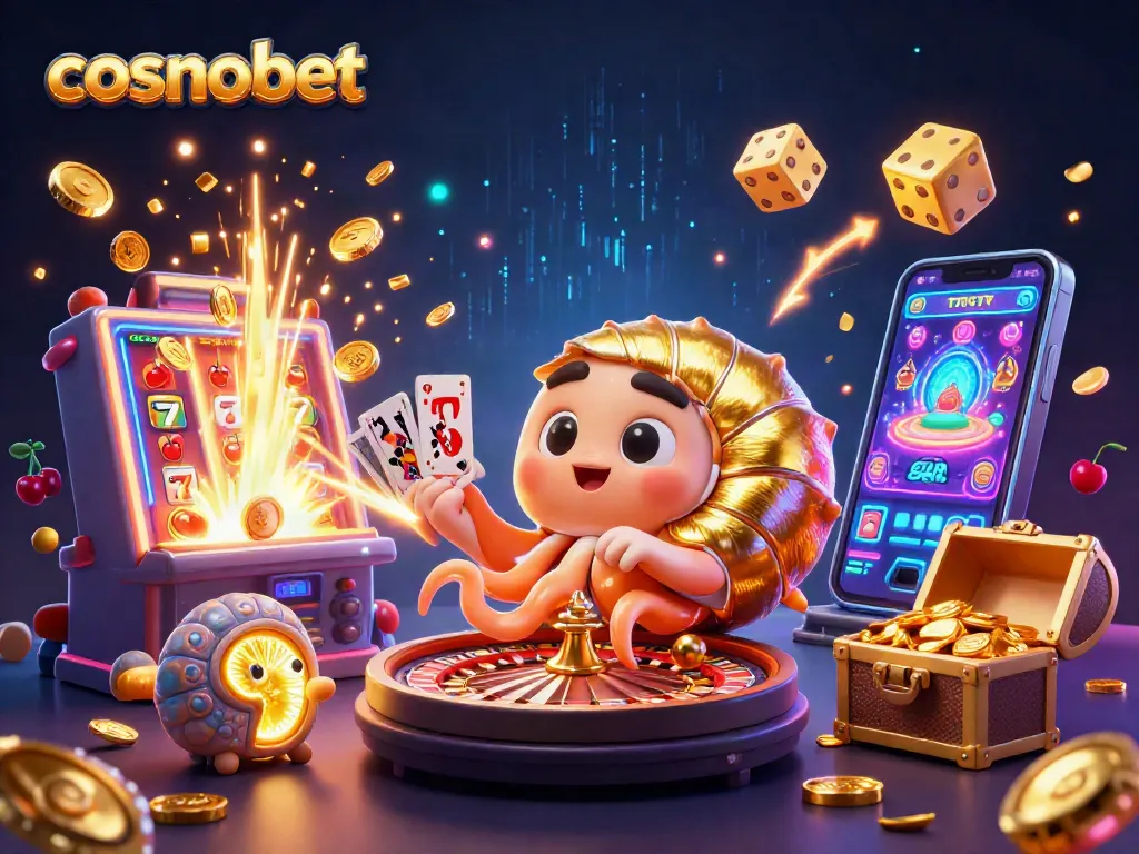 Experience the vibrant world of cosmobet with a dynamic illustration of a nautilus roulette wheel amidst dazzling casino elements.