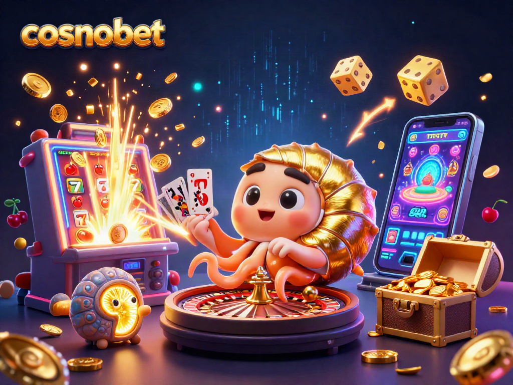 Experience the vibrant world of cosmobet with a dynamic illustration of a nautilus roulette wheel amidst dazzling casino elements.