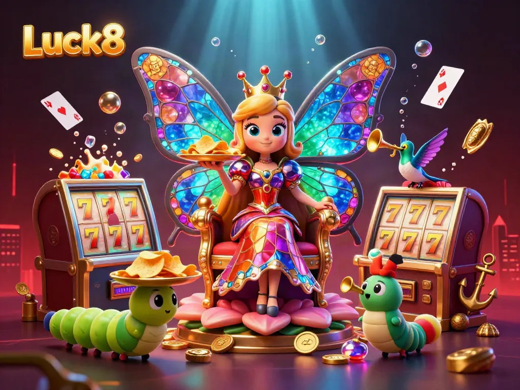 Luck8's animated 3D butterfly queen on a throne with vibrant casino-themed elements and glowing treasures.