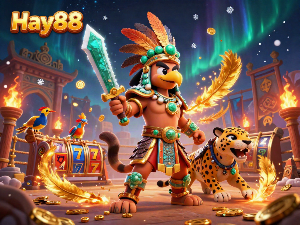 Experience thrilling gaming at Hay88 with Aztec warriors amid a vibrant casino atmosphere featuring slots and tokens.