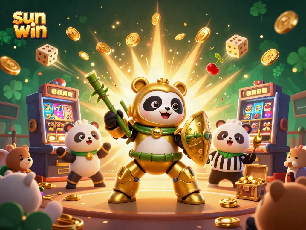 Experience the excitement of sun win gaming with a golden panda pilot and a jackpot explosion in this vibrant casino scene.