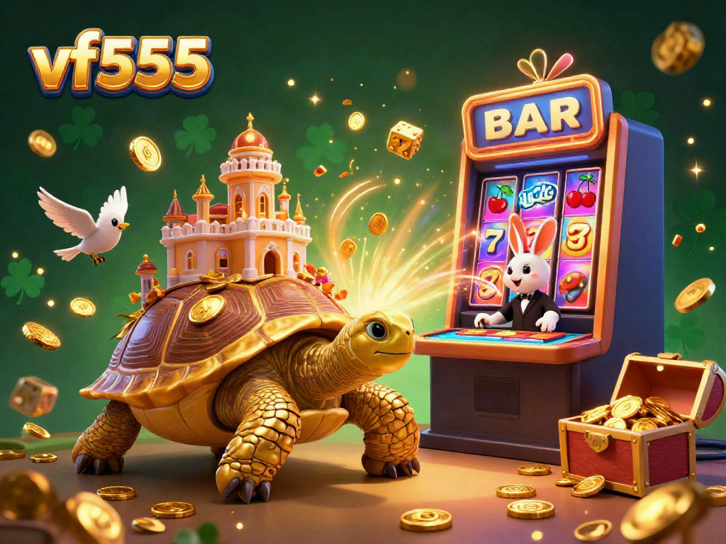 Experience the colorful and vibrant vf555 casino world with a golden tortoise and dynamic game elements.