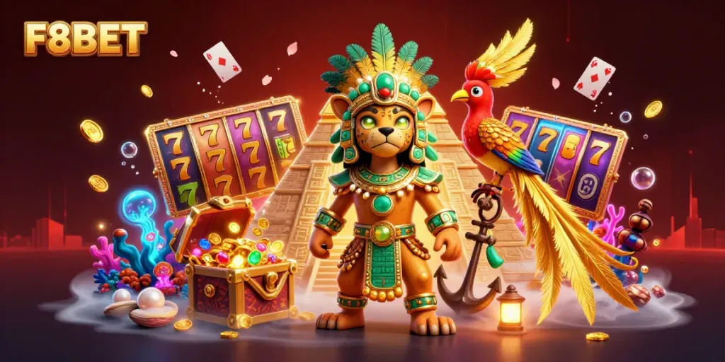 Engage with F8BET's vibrant casino experience featuring a Mayan jaguar priest amid slot reels and treasure.