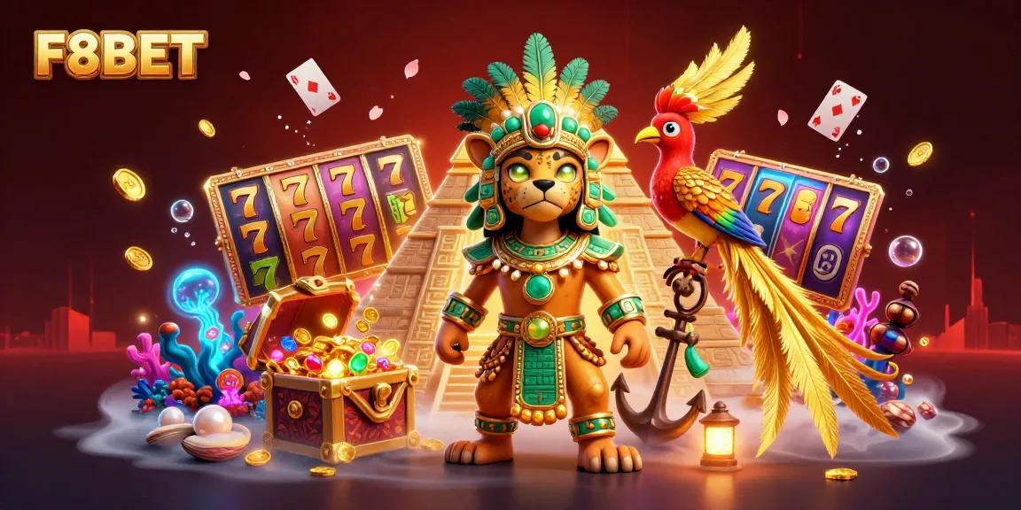 Engage with F8BET's vibrant casino experience featuring a Mayan jaguar priest amid slot reels and treasure.