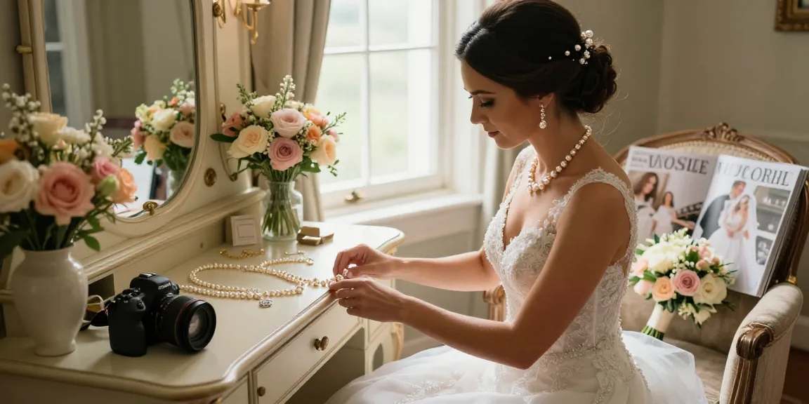 Beautiful bride arranging her wedding jewellery for bride on a vintage vanity in an elegant bridal suite, capturing luxury and anticipation.