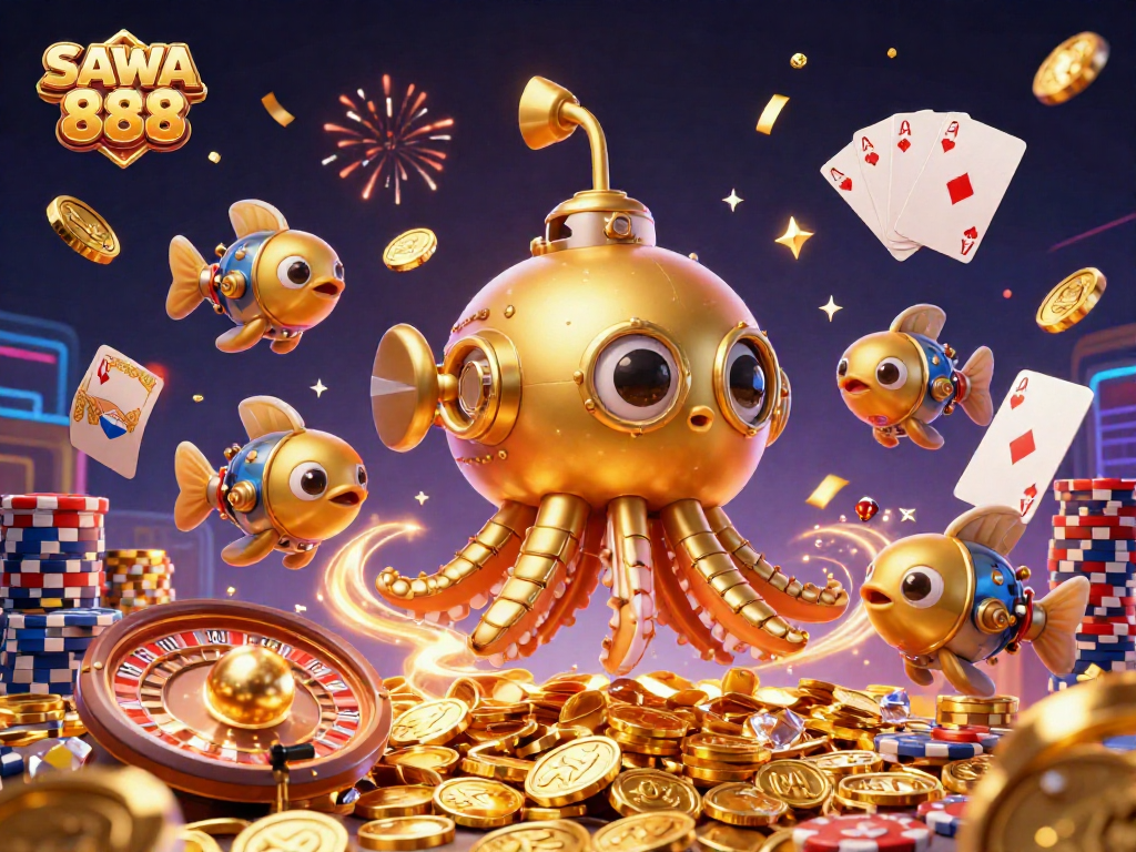 SAWA 888 showcases a golden kraken submarine amidst sparkling coins, perfect for casino enthusiasts.