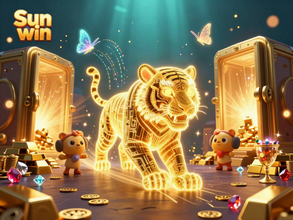 Experience thrilling games at Sun win with our vibrant casino illustration featuring a golden tiger and treasures.