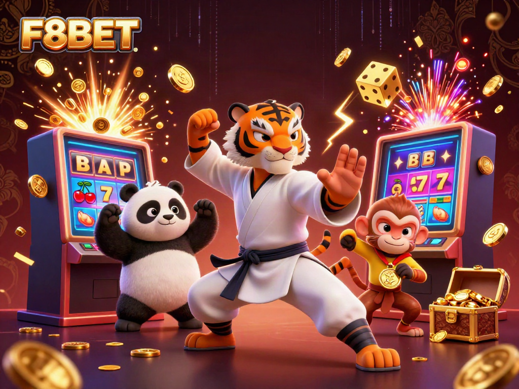 Engage with F8BET at the 3D casino scene featuring a kung fu tiger master and a panda disciple surrounded by jackpot excitement.