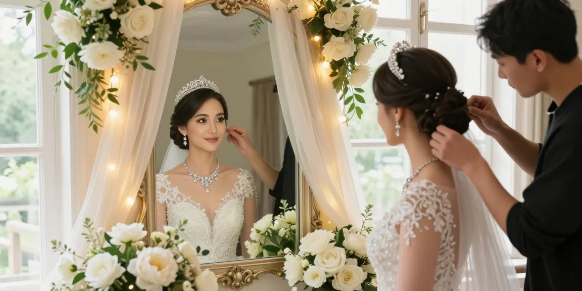 Stunning bride wearing exquisite wedding jewellery for bride, surrounded by floral decor in a romantic venue.