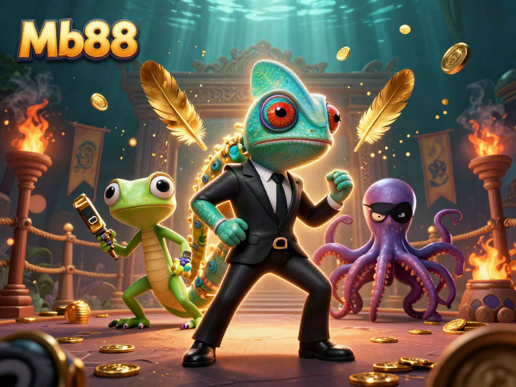 Engage with Mb88 in a vibrant casino scene featuring dynamic characters and golden gambling elements.