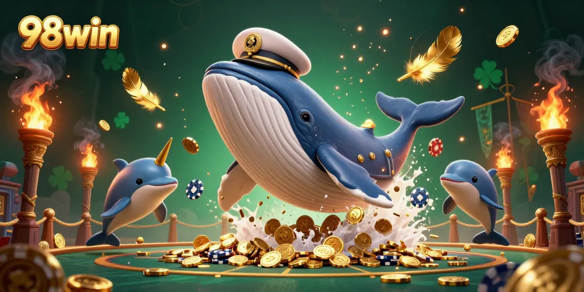 Win with 98win as a whale and dolphins splash through coins in a vibrant casino scene.