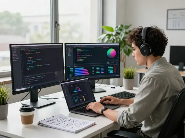 Developer focused on instant indexing strategies in a contemporary office workspace.