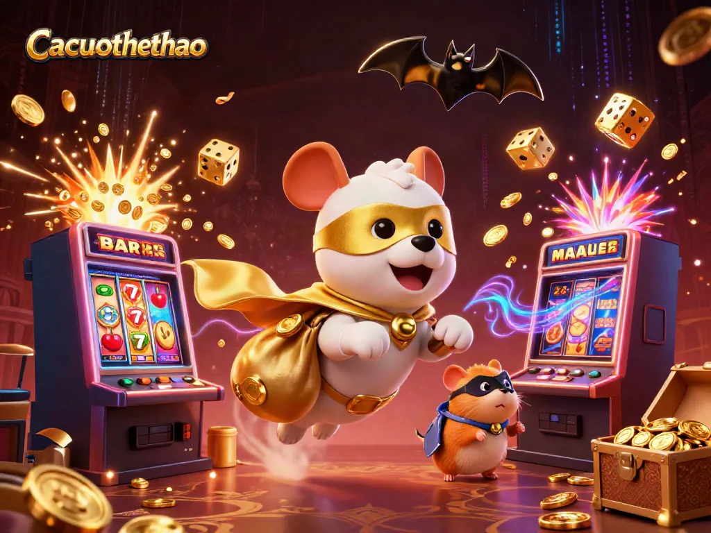 Cacuocthethao presents an energetic scene of a superhero dog and hamster amidst vibrant casino elements, capturing the thrill of sports betting.