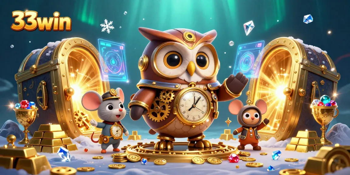 Experience the thrill of 33win as the time-traveler owl and mouse explore a bustling casino scene.