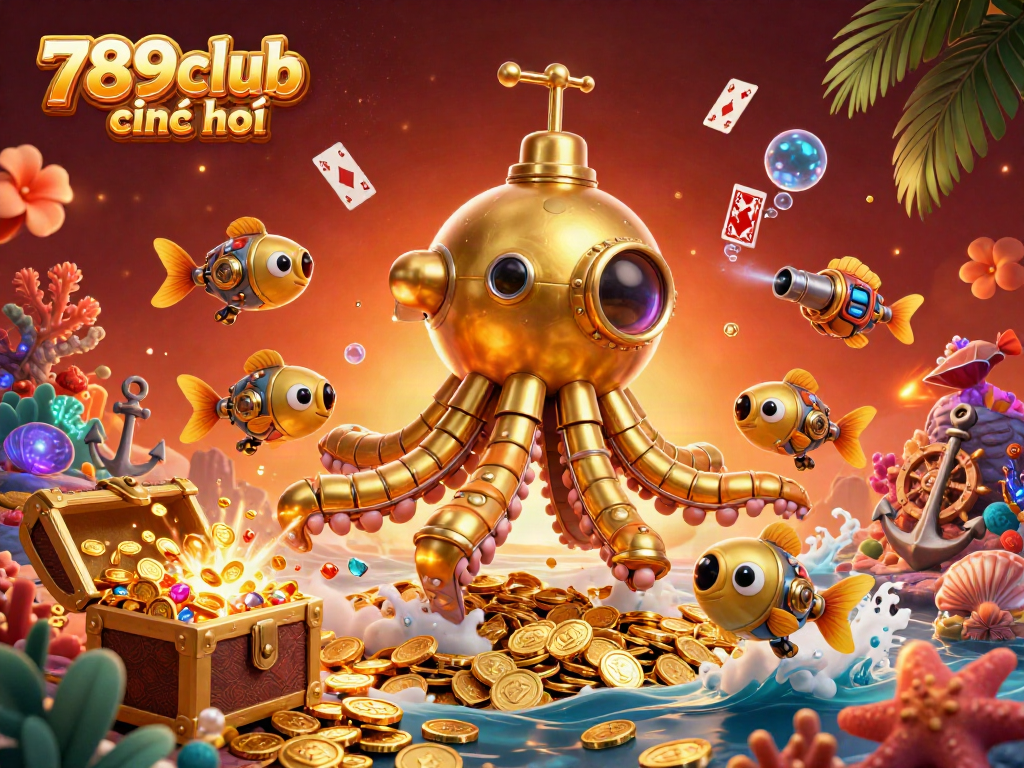 Experience the excitement of 789club chính chủ with a vibrant 3D casino scene featuring a golden kraken submarine and mechanical fish surrounded by treasure.