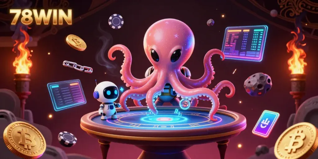 Engage with 78WIN's holographic poker table experience featuring an alien octopus in a cosmic setting.