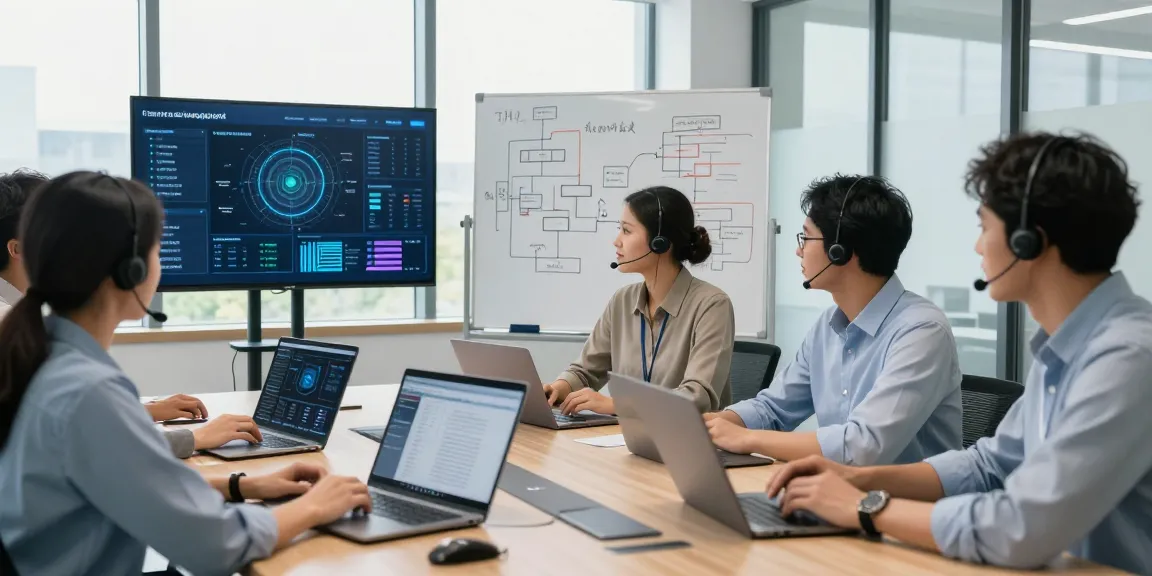 Team collaborating on business IT support services in a modern corporate office, analyzing real-time data and strategies.