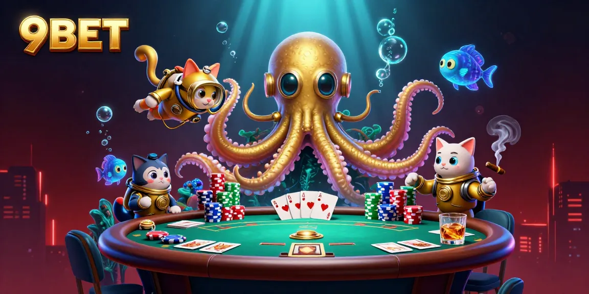 Experience thrilling gaming with 9BET as a colossal kraken interacts with a diving cat and bioluminescent fish.