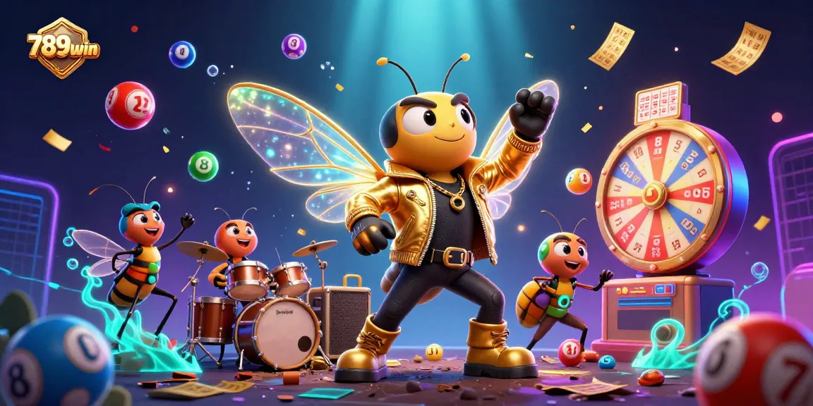 Engage with 789win's vibrant 3D illustration showcasing a rock star cicada and dynamic game elements.
