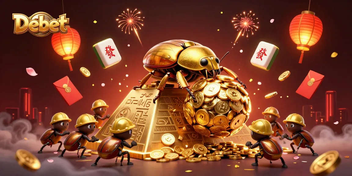 Engage with Debet as a massive golden dung beetle rolls a coin ball in a vibrant casino scene.
