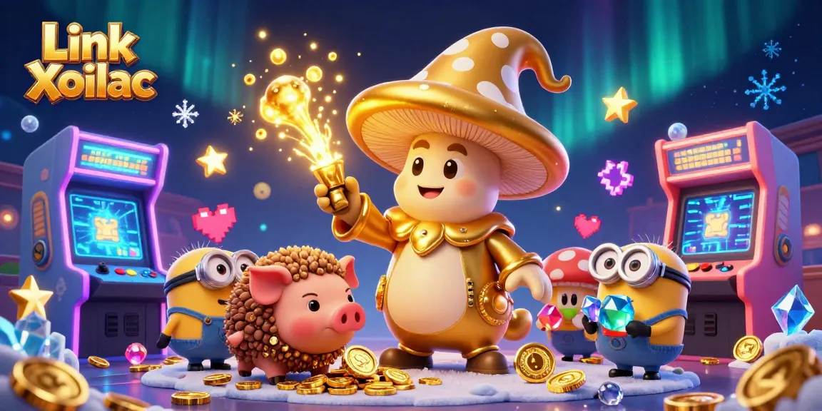 Transform your gaming experience with Link Xoilac's vibrant 3D illustration showcasing a magical casino adventure.