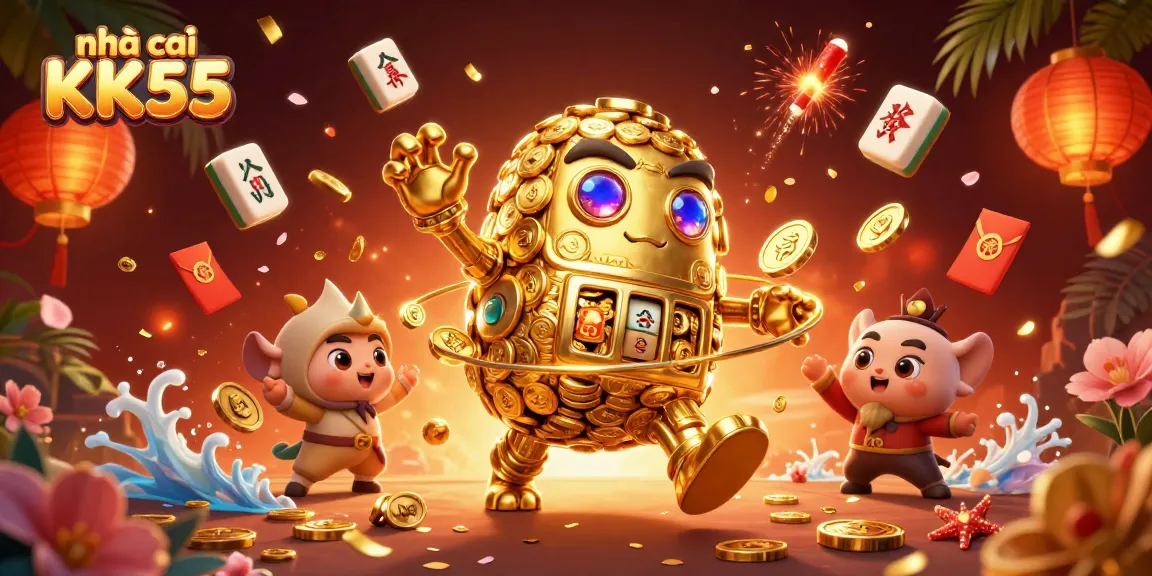 Engage with the nhá cái KK55 golem amidst vibrant casino-themed elements in a dynamic festive scene.